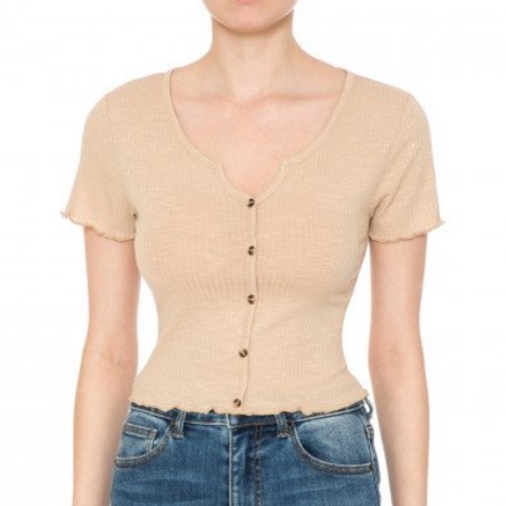 Ambiane Lettuce Edge Notch Neck Crop Top - women. Top M